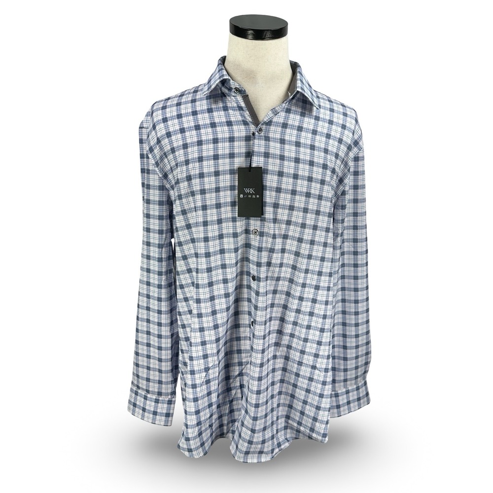 WRK Mens White Gray Plaid‎ 4-Way Stretch Dress Shirt Button Up 18 New